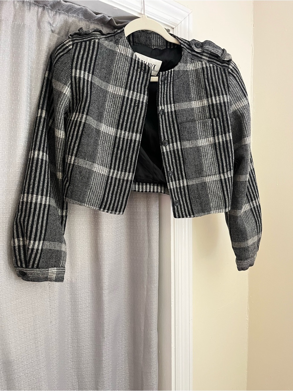 Vtg Wool Plaid Cropped Jacket 4 Spitalnick & Co Black and White